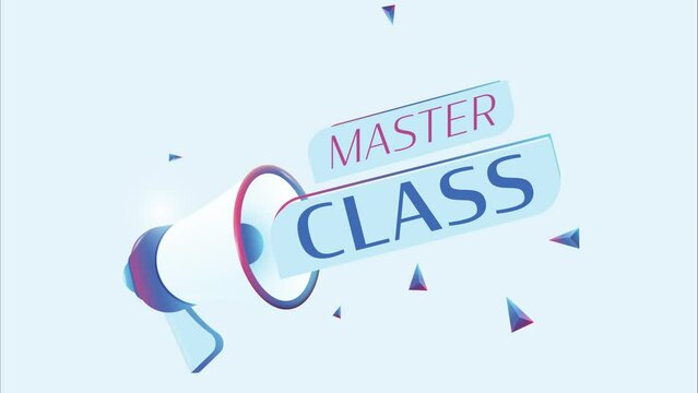 Master class text with 3d realistic megaphone animation. Megaphone sign banner for promo video. 4K animation