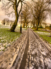 Path through a park with a light snow covering. Ornate black metal lampposts line the path.
