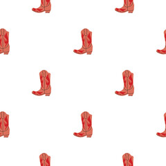 Cowboy boots with ornament seamless pattern. Wild west theme. Hand drawn colored trendy vector illustration on white background