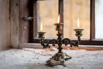Vintage candlestick with burning candles.