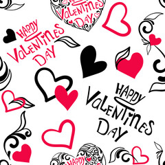 Seamless Valentine's Day doodle pattern in red and black. A pattern of lettering, hearts and monograms. Vector illustration.