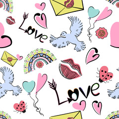 Seamless pattern for Valentine's Day in a doodle style in pastel colors. Pattern of lettering, rainbow, balloons, hearts, lips, ladybugs, envelope, doves and flowers. Vector illustration