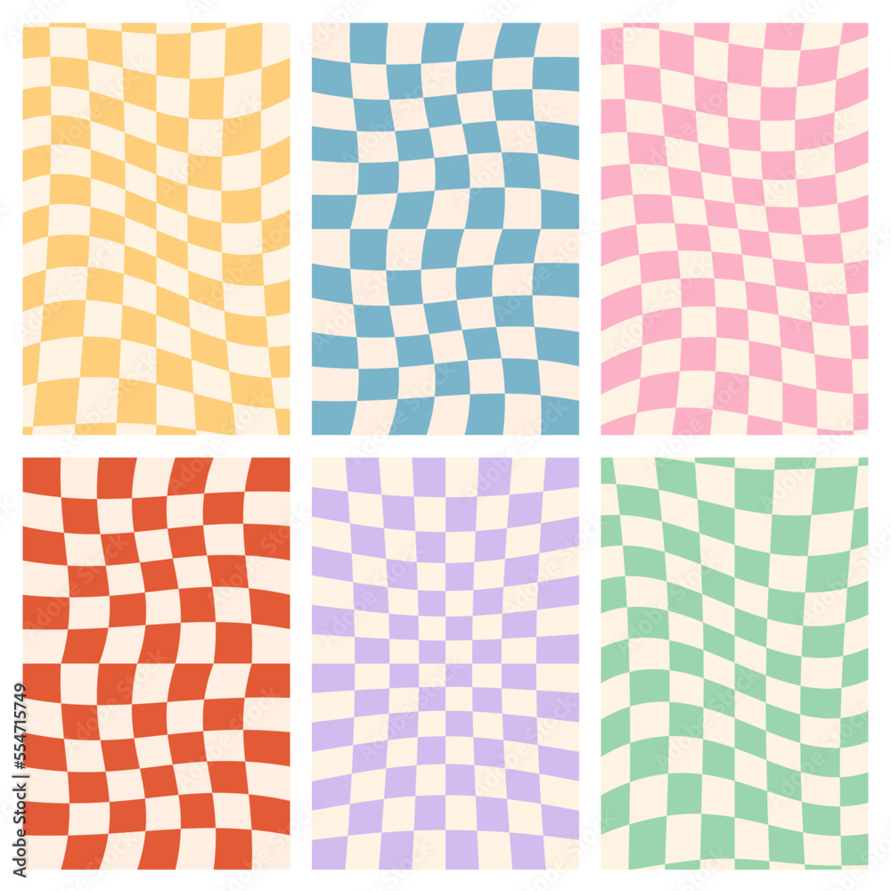 Sticker groovy hippie 70s vector backgrounds set. chessboard patterns. twisted and distorted vector texture 