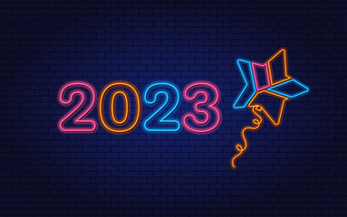 Glowing neon numbers 2023 and a balloon in the form of a star. New year concept