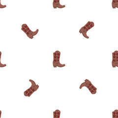 Cowboy boots with ornament seamless pattern. Wild west theme. Hand drawn colored trendy vector illustration on white background
