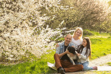 Family with daughter and dog play together in the garden in spring