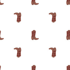 Cowboy boots with ornament seamless pattern. Wild west theme. Hand drawn colored trendy vector illustration on white background