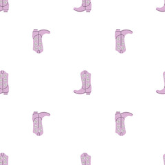 Cowboy boots with ornament seamless pattern. Wild west theme. Hand drawn colored trendy vector illustration on white background