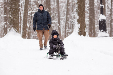 Fototapeta na wymiar Father and son are walking in Tsaritsyno Park in a heavy snowfall. A father rides his little son on a sled down a hill.