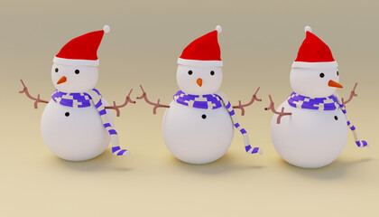 3d illustration of a snowman on a beige background 3d rendering