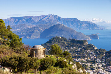 Touristic Town on Capri Island in Bay of Naples, Italy. Sunny Blue Sky.