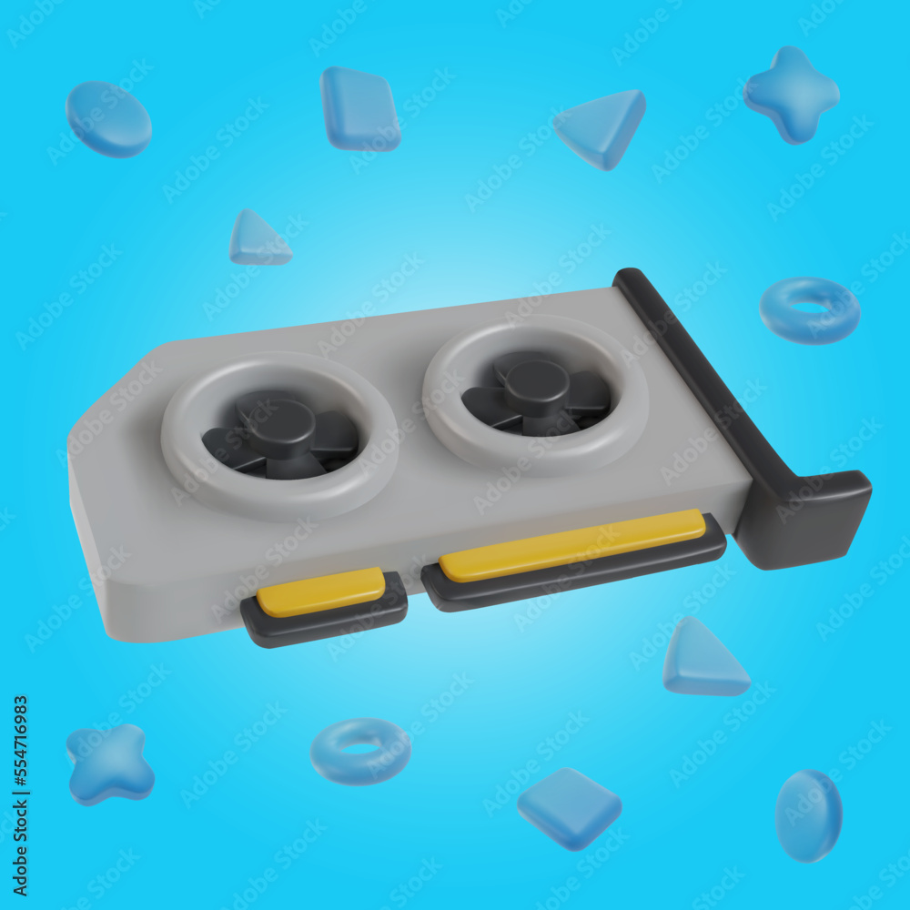 Fototapete 3d realistic graphic video card with geometric shapes in minimal funny cartoon style. Modern design element on bright background. Vector illustration or icon.