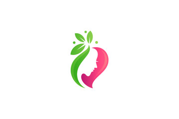 Natural female beauty logo with decorated leaves in flat design