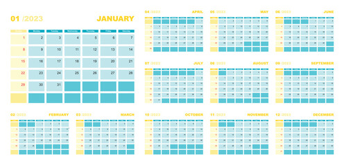 Calendar for 2023 in blue and yellow colors. Week starts on sunday.