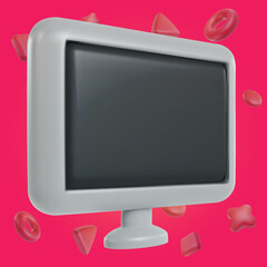 3d realistic computer monitor or tv screen with geometric shapes in minimal funny cartoon style. Modern design element on color background. Vector illustration or icon.