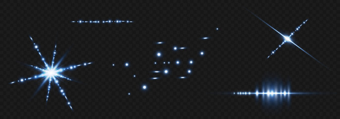 Vector illustration in blue color. Set of light effects. Glare and flash. Bright beams of light. Glowing lines. Vector illustration.Dust. Christmas Flash.