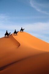 Los reyes magos del Oriente, en sus camellos, en el desierto, guiados por la estrella polar.
