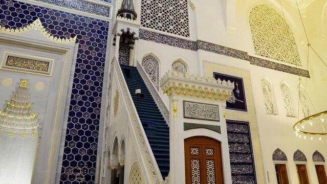 Camlica Mosque in Istanbul. The largest mosque in Istanbul. Huge cultural and religious Muslim complex. Blue handmade carpet in the interior of Camlica Mosque.