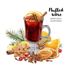 Watercolor illustration of Christmas mulled red wine, recipe set isolated on transparent background. Glass of mulled red wine, fruits and spices. Christmas composition set.