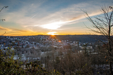 The district of Essen-Werden (Germany) on a frosty winter morning at sunrise.