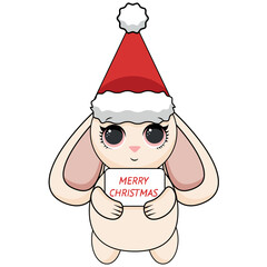 Merry Christmas And Happy New Year With Cute Little Rabbit Santa Claus Red Hat, Candy Cane, Gift Box And Christmas Tree. Season's Greetings Card. Vector Cartoon Illustration