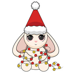 Merry Christmas And Happy New Year With Cute Little Rabbit Santa Claus Red Hat, Candy Cane, Gift Box And Christmas Tree. Season's Greetings Card. Vector Cartoon Illustration