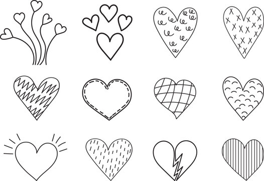 doodle hearts set sketch ,contour on white background isolated