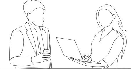 man and woman work sketch continuous line drawing, vector