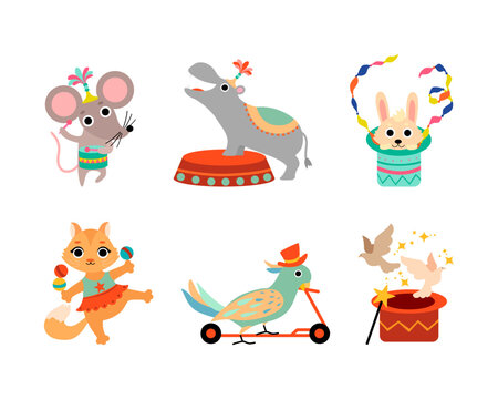 Circus Animal Performing Trick Riding Scooter, Juggling Balls and Playing Drum Vector Set