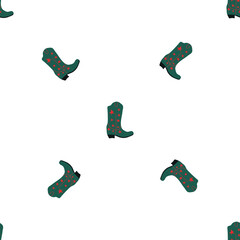 Cowboy boots with ornament seamless pattern. Wild west theme. Hand drawn colored trendy vector illustration on white background