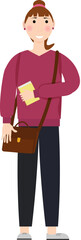 Obraz premium The girl stands with a bag and a book in her hands. Young student. Vector illustration. For covers and brochures, advertising booklets, social networks.