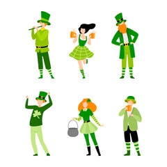 Man and Woman in Green Festive Costume Celebrating Saint Patrick Day Vector Set