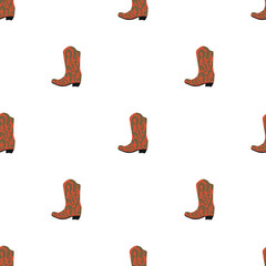 Cowboy boots with ornament seamless pattern. Wild west theme. Hand drawn colored trendy vector illustration on white background