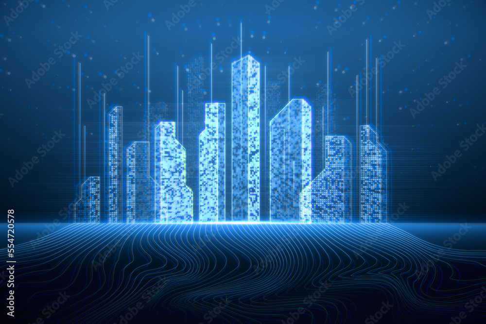 Aufkleber network futuristic world and virtual reality concept with metaverse digital city with wavy wires on 