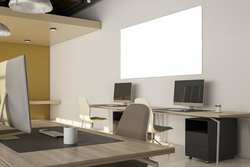 Contemporary coworking office interior with empty white mock up banner, furniture and daylight. 3D Rendering.