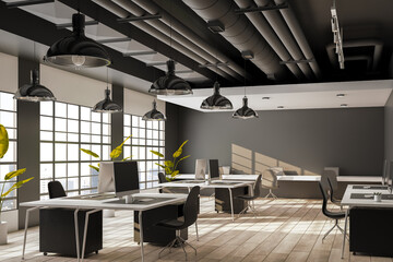 Modern coworking office interior with furniture, window with city view and daylight. 3D Rendering.