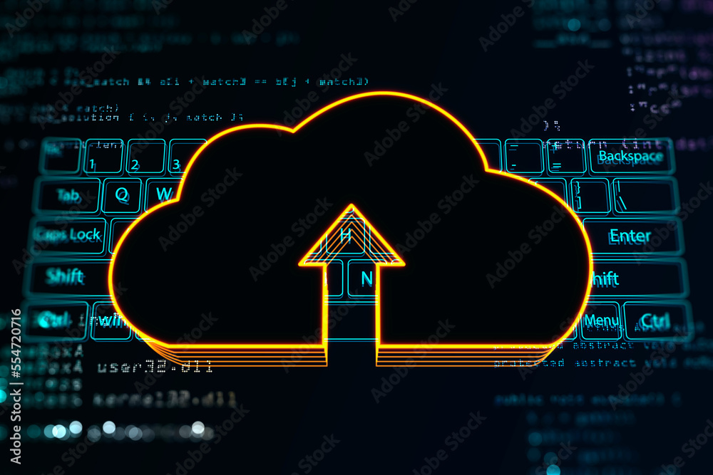 Poster Cloud technology and data storage concept with digital dark cloud icon with arrow up on glowing blue keyboard background. 3D rendering