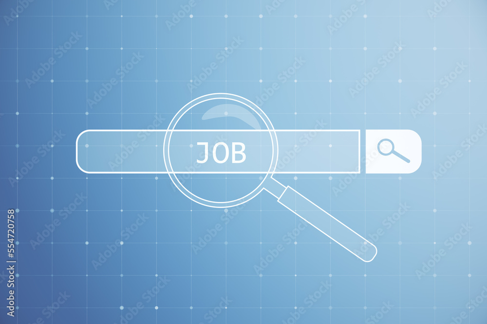 Poster job search bar on blue background. search browser bar with magnifying glass searching for available 