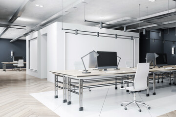 Perspective view on open space office with modern computers on wooden work tables, loft style ceiling, white walls background and light glossy and parquet floor. 3D rendering