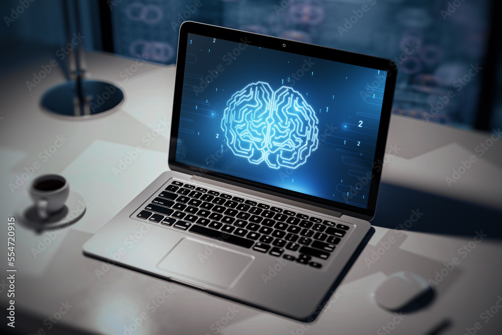 Poster close up of laptop on desktop with coffee cup and glowing human brain hologram on screen and blurry 