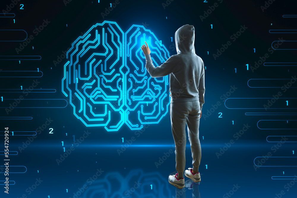 Aufkleber Back view of hacker in hoodie using abstract glowing human brain hologram on blurry background. Neurology research, hacking, data theft and artificial intelligence concept.