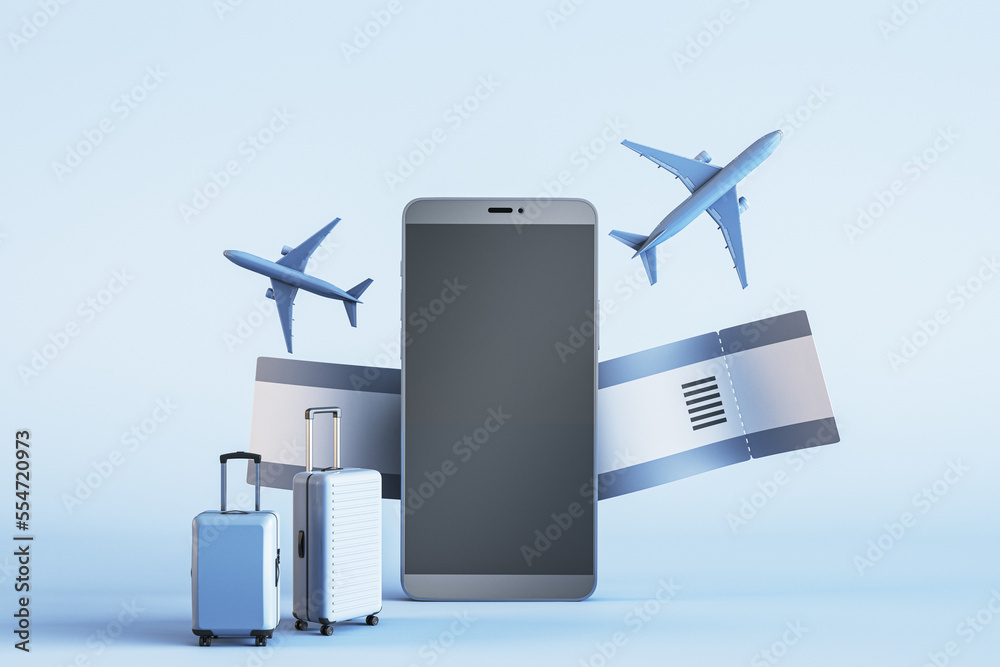 Aufkleber creative online tour booking concept. empty mock up smartphone screen with abstract suitcases, airpl