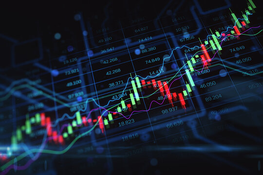 Perspective view on growing up financial chart candlestick and diagram on digital forex market screen background, investing and stock market concept. 3D rendering