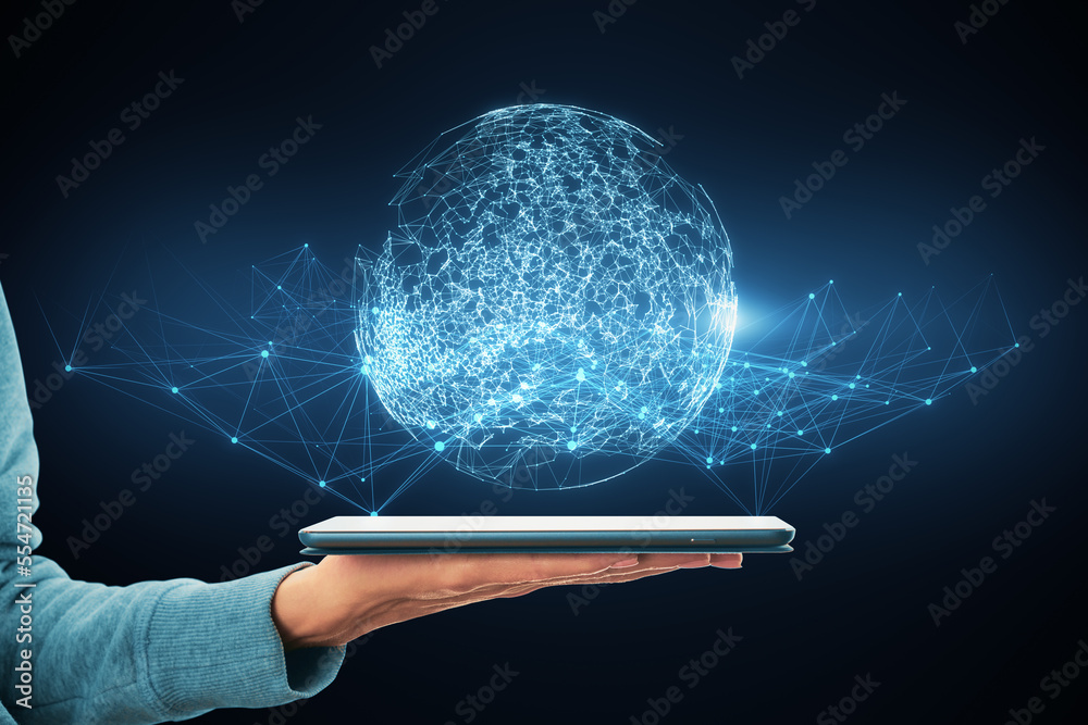 Poster female hand holding cellphone with glowing polygonal sphere on blurry dark background. Futuristic technology wireframe mesh polygonal element. Connection Structure. Digital Data Visualization. 