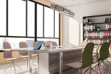 Modern conference room interior with furniture, equipment and panoramic window with city view and daylight. 3D Rendering.