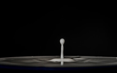 Drop of milk with big waves on surface with black background