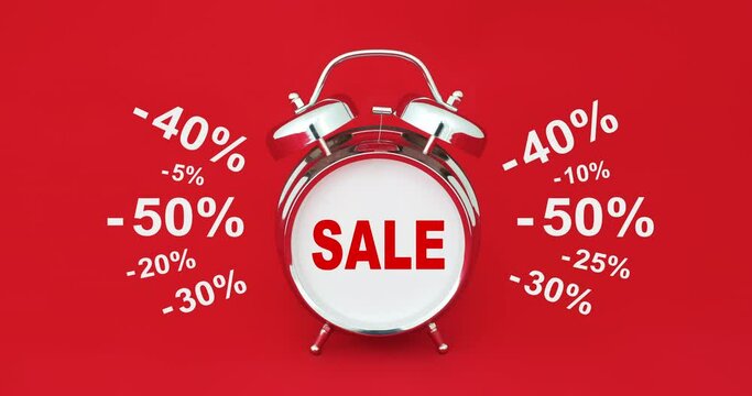 up to 50 % off sale text animation appears on chrome classic alarm clock on red bachground. two versions 50 percent discount looped motion graphic for banner, advertising, black friday promo ad