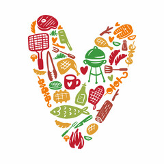Vector heart-shaped grill set hand-drawn in doodle style