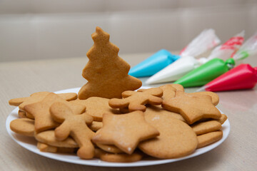 Christmas gingerbread in a plate and colored icing in bags