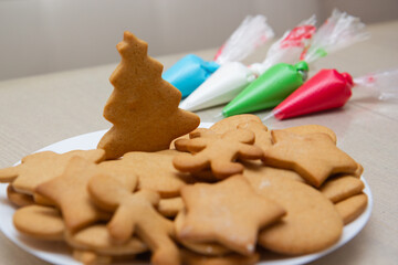 Christmas gingerbread in a plate and colored icing in bags